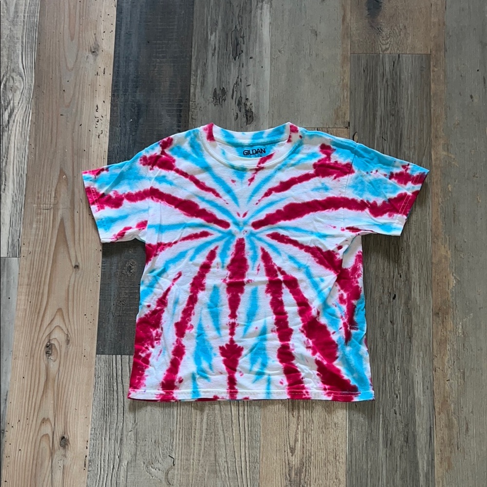 Red & Blue Handmade Tie-Dye Gildan Kids T-Shirt Size: Youth Small (S)
